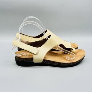 Dansko Sandals Women 7.5 Beige Leather Slingback Thong Wedge Hook & Loop Comfort